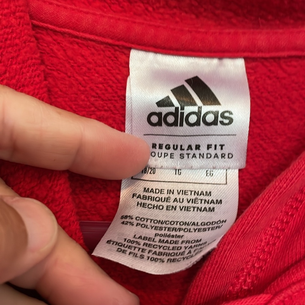 Youth L (18-20) Adidas hooded sweatshirt red/black graphic Kangaroo pouch/pocket - Picture 3 of 8